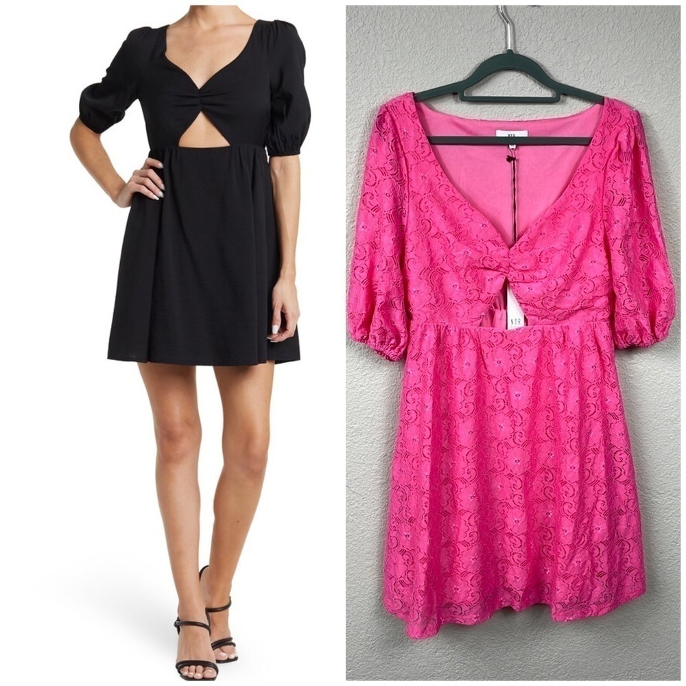NWT NSR Delphine Floral Lace Puff Sleeve Front Cut Out Mini Dress Barbie Pink M